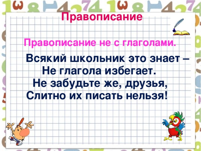 Правописание  Правописание не с глаголами.  Всякий школьник это знает –  Не глагола избегает.  Не забудьте же, друзья,  Слитно их писать нельзя!