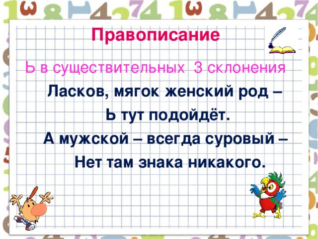 Правописание  Ь в существительных 3 склонения  Ласков, мягок женский род –  Ь тут подойдёт.  А мужской – всегда суровый –  Нет там знака никакого.  