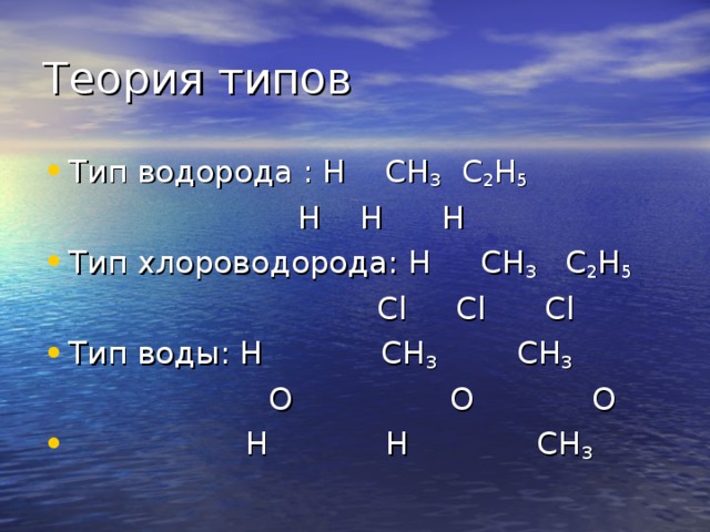 Теория типов Тип водорода : Н СН 3 С 2 Н 5    Н Н Н Тип хлороводорода: Н CH 3 C 2 H 5   Cl Cl Cl Тип воды: Н СН 3 СН 3  О О O