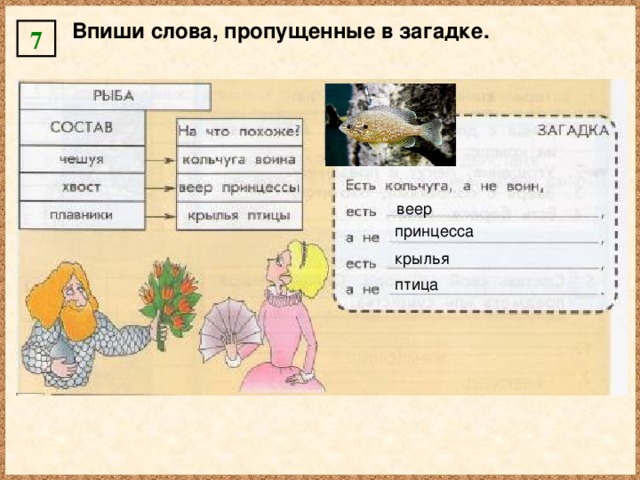 Впиши слова, пропущенные в загадке. 7 веер принцесса крылья птица