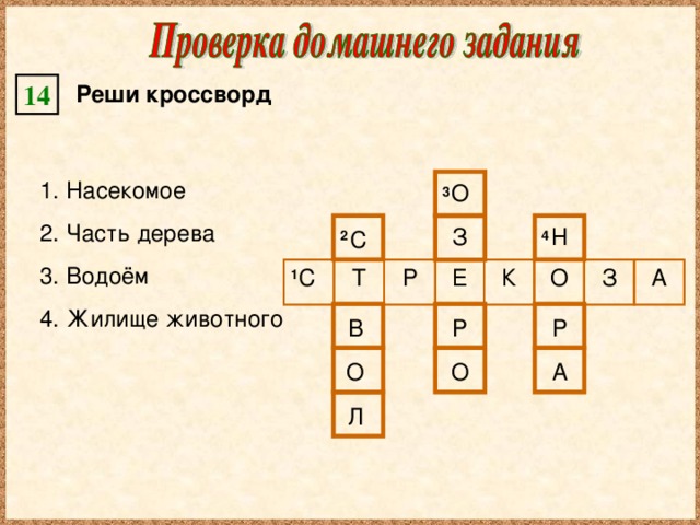 14 Реши кроссворд Насекомое Часть дерева Водоём Жилище животного 3 О 2 4 З Н С 1 С Т Р Е К О З А В Р Р О О А Л