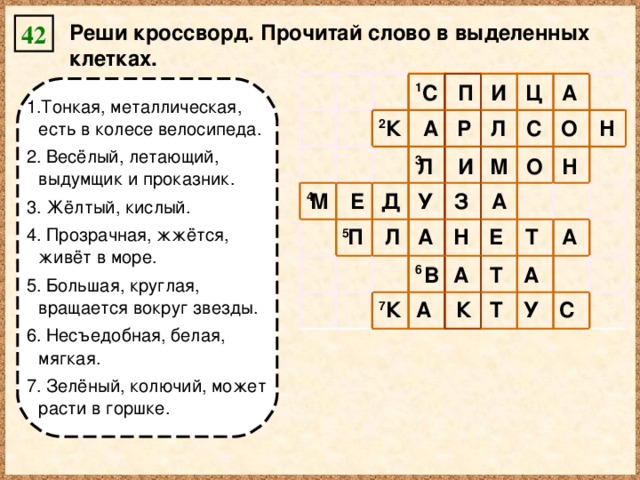 Реши кроссворд. Прочитай слово в выделенных клетках. 42 1 2 4 3 5 6 7 И А Ц С П Тонкая, металлическая, есть в колесе велосипеда.  Весёлый, летающий, выдумщик и проказник.  Жёлтый, кислый.  Прозрачная, жжётся, живёт в море.  Большая, круглая, вращается вокруг звезды.  Несъедобная, белая, мягкая.  Зелёный, колючий, может расти в горшке. К А Р Л С Н О Н О И М Л Д У З Е А М П А Н Е А Т Л А Т А В Т У С К А К