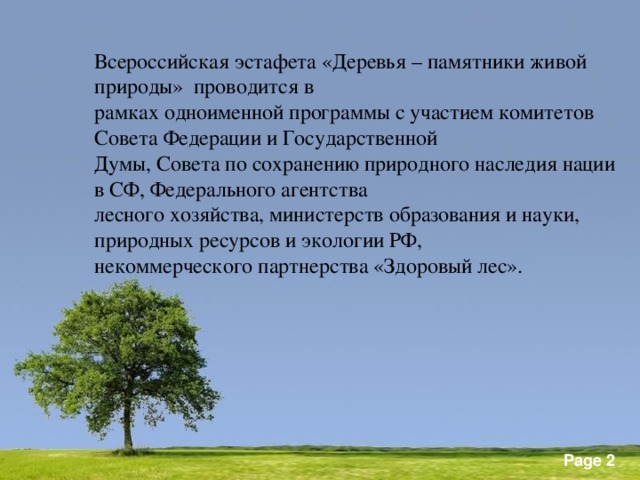 Всероссийская эстафета «Деревья – памятники живой природы» проводится в рамках одноименной программы с участием комитетов Совета Федерации и Государственной Думы, Совета по сохранению природного наследия нации в СФ, Федерального агентства лесного хозяйства, министерств образования и науки, природных ресурсов и экологии РФ, некоммерческого партнерства «Здоровый лес».