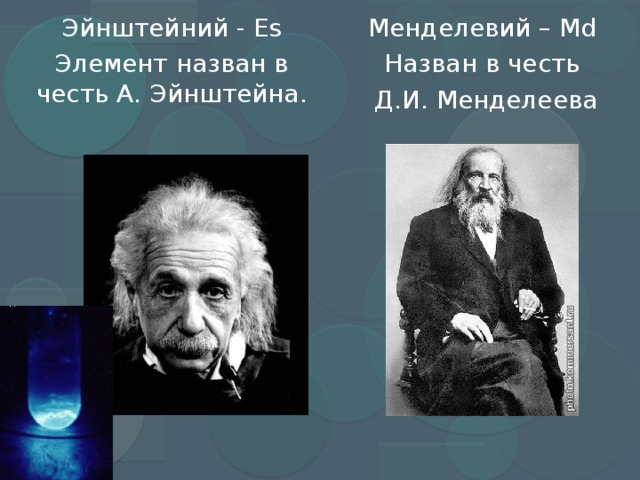 Эйнштейний - Es Менделевий – Md Элемент назван в честь А. Эйнштейна. Назван в честь  Д.И. Менделеева