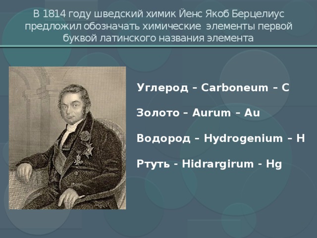 В 1814 году шведский химик Йенс Якоб Берцелиус предложил обозначать химические элементы первой буквой латинского названия элемента Углерод – Carboneum – C  Золото – Aurum – Au  Водород – Hydrogenium – H  Ртуть - Hidrargirum - Hg