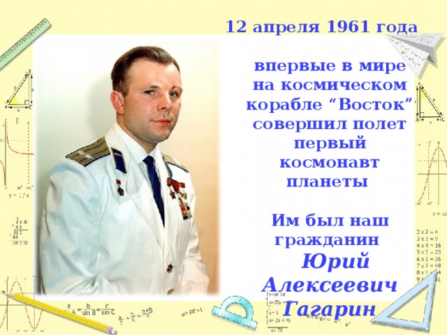 12 апреля 1961 года  впервые в мире на космическом корабле “Восток” совершил полет первый космонавт планеты   Им был наш гражданин   Юрий Алексеевич Гагарин