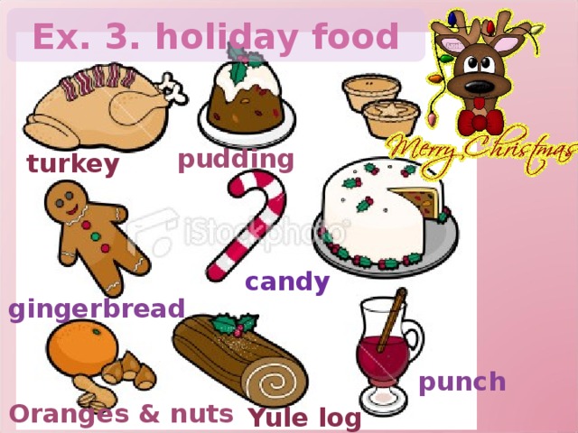 Ex. 3. holiday food pudding turkey candy gingerbread punch Oranges & nuts Yule log