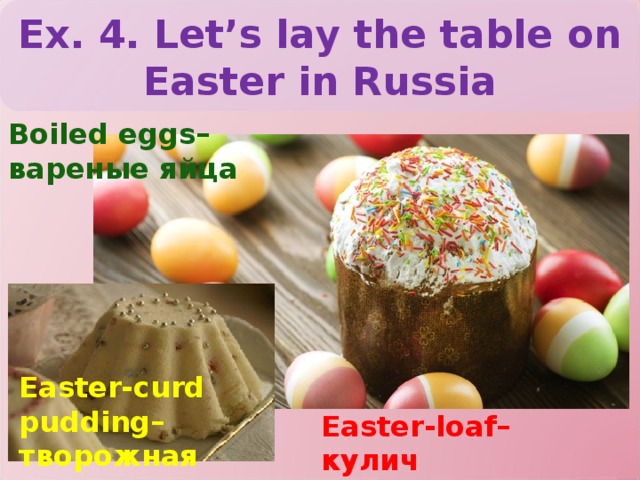 Ex. 4. Let’s lay the table on Easter in Russia Boiled eggs– вареные яйца Easter-curd pudding– творожная пасха Easter-loaf– кулич