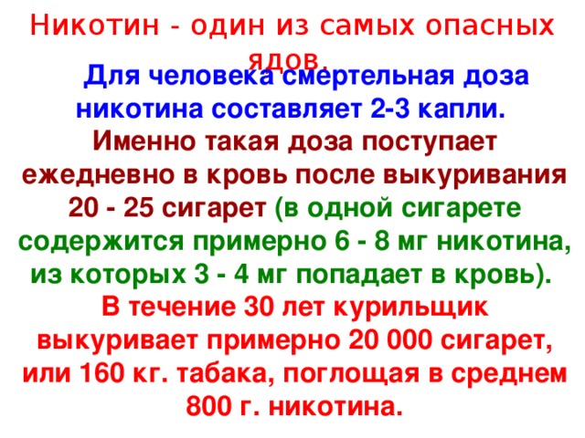 Никотин - один из самых опасных ядов.     Для человека смертельная доза никотина составляет 2-3 капли. Именно такая доза поступает ежедневно в кровь после выкуривания 20 - 25 сигарет (в одной сигарете содержится примерно 6 - 8 мг никотина, из которых 3 - 4 мг попадает в кровь). В течение 30 лет курильщик выкуривает примерно 20 000 сигарет, или 160 кг. табака, поглощая в среднем 800 г. никотина.