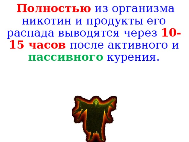 Полностью из организма никотин и продукты его распада выводятся через 10-15 часов после активного и пассивного курения.