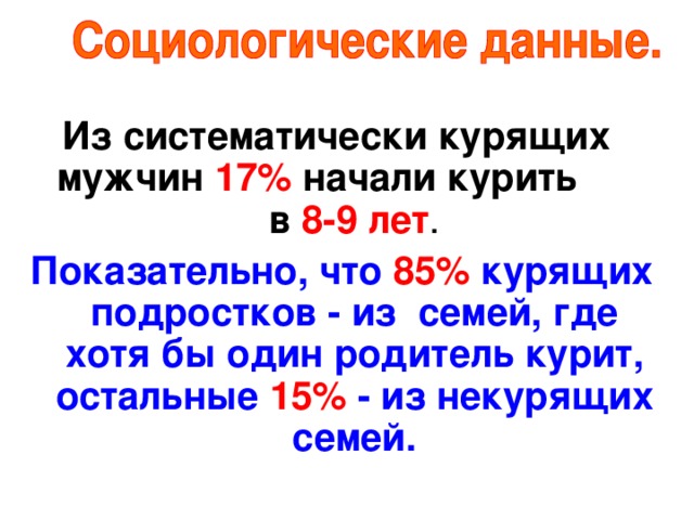 Из систематически курящих мужчин 17%  начали курить в 8-9 лет . Показательно, что 85% курящих подростков - из семей, где хотя бы один родитель курит, остальные 15% - из некурящих семей.