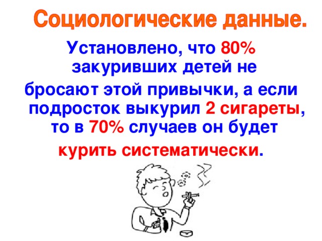 Установлено, что 80% закуривших детей не бросают этой привычки, а если подросток выкурил 2 сигареты , то в 70% случаев он будет курить систематически .