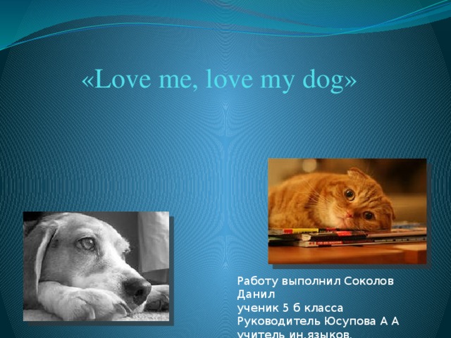 «Love me, love my dog»   Работу выполнил Соколов Данил ученик 5 б класса Руководитель Юсупова А А учитель ин.языков.