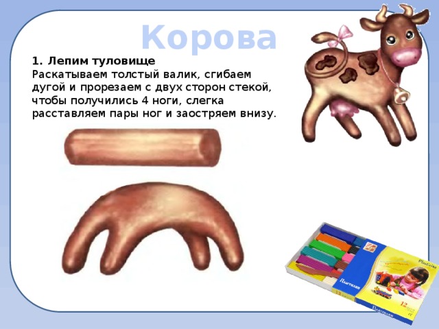 Корова 1. Лепим туловище Раскатываем толстый валик, сгибаем дугой и прорезаем с двух сторон стекой, чтобы получились 4 ноги, слегка расставляем пары ног и заостряем внизу.