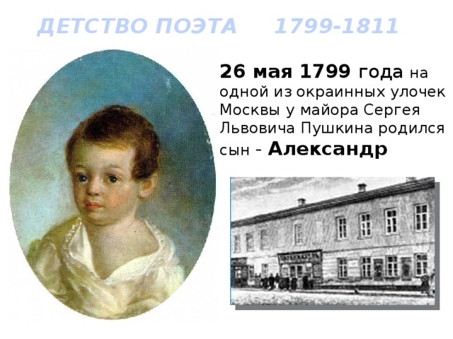 ДЕТСТВО ПОЭТА 1799-1811 26 мая 1799 года на одной из окраинных улочек Москвы у майора Сергея Львовича Пушкина родился сын - Александр