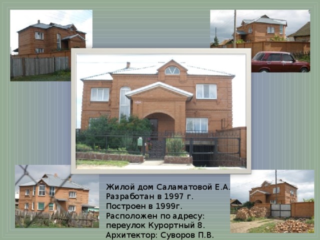 Жилой дом Саламатовой Е.А. Разработан в 1997 г. Построен в 1999г. Расположен по адресу: переулок Курортный 8. Архитектор: Суворов П.В.
