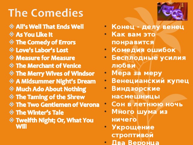 Конец - делу венец Как вам это понравится Комедия ошибок Бесплодные усилия любви Мера за меру Венецианский купец Виндзорские насмешницы Сон в летнюю ночь Много шума из ничего Укрощение строптивой Два Веронца Зимняя сказка Двенадцатая ночь, или что угодно