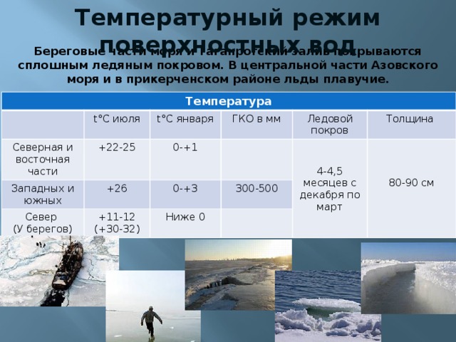 Температурный режим поверхностных вод Береговые части моря и Таганрогский залив покрываются сплошным ледяным покровом. В центральной части Азовского моря и в прикерченском районе льды плавучие. Температура t °C июля Северная и восточная части t °C января +22-25 Западных и южных ГКО в мм +26 Север 0-+1 (У берегов) 0-+3 +11-12 Ледовой покров (+30-32) 300-500 Толщина Ниже 0 4-4,5 месяцев с декабря по март 80-90 см