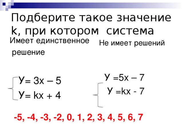 Подберите такое значение k ,  при котором система Имеет единственное  решение  У= 3х – 5  У= k х + 4 Не имеет решений  У =5х – 7  У = k х - 7 -5, -4, -3, -2, 0, 1, 2, 3, 4, 5, 6, 7