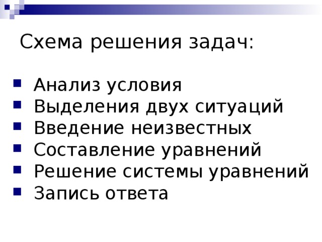 Схема решения задач: Анализ условия Выделения двух ситуаций Введение неизвестных Составление уравнений Решение системы уравнений Запись ответа