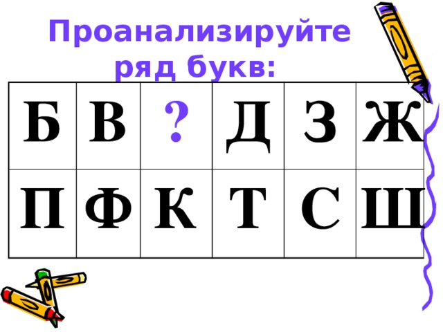 Проанализируйте ряд букв:  Б В П Ф ? Д К Т З Ж С Ш