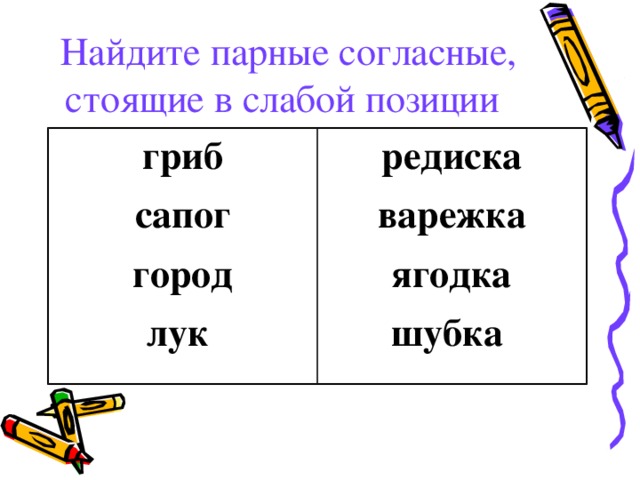 Найдите парные согласные, стоящие в слабой позиции  гриб сапог редиска варежка город лук  ягодка шубка