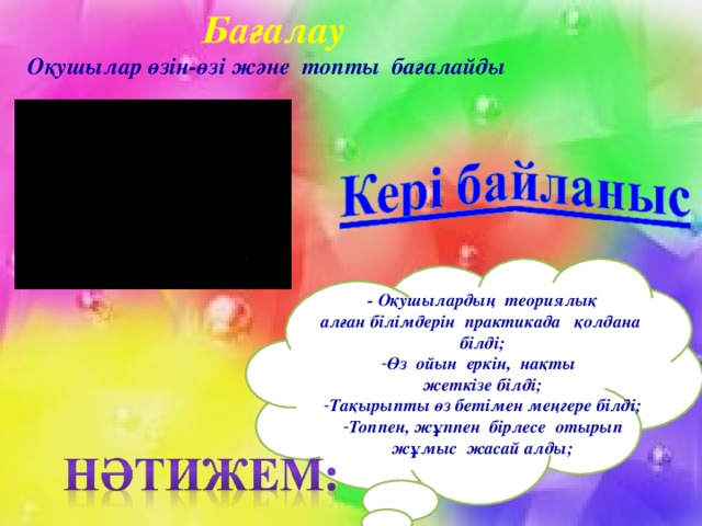 Бағалау Оқушылар өзін-өзі және топты бағалайды - Оқушылардың теориялық алған білімдерін практикада қолдана білді; Өз ойын еркін, нақты жеткізе білді; Тақырыпты өз бетімен меңгере білді; Топпен, жұппен бірлесе отырып жұмыс жасай алды;