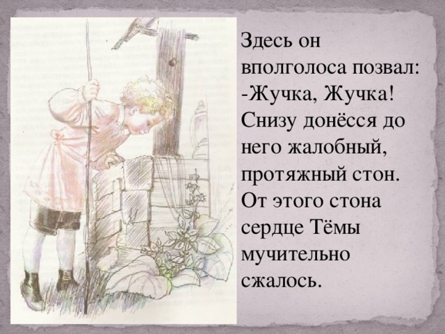 Здесь он вполголоса позвал: -Жучка, Жучка! Снизу донёсся до него жалобный, протяжный стон. От этого стона сердце Тёмы мучительно сжалось.