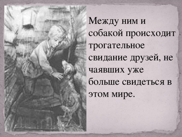 Между ним и собакой происходит трогательное свидание друзей, не чаявших уже больше свидеться в этом мире.