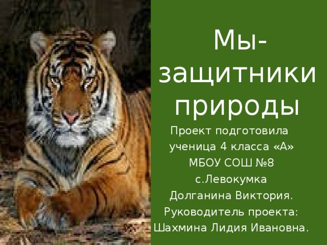 .  Мы-защитники природы Проект подготовила ученица 4 класса «А» МБОУ СОШ №8 с.Левокумка Долганина Виктория. Руководитель проекта: Шахмина Лидия Ивановна.