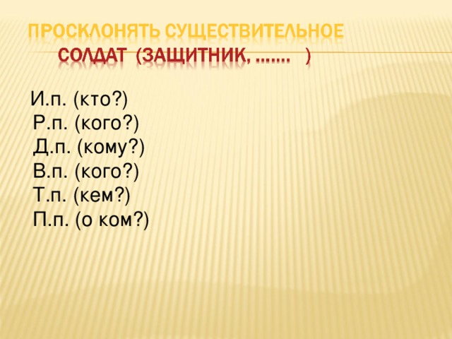 И.п. (кто?)  Р.п. (кого?)  Д.п. (кому?)  В.п. (кого?)  Т.п. (кем?)  П.п. (о ком?)