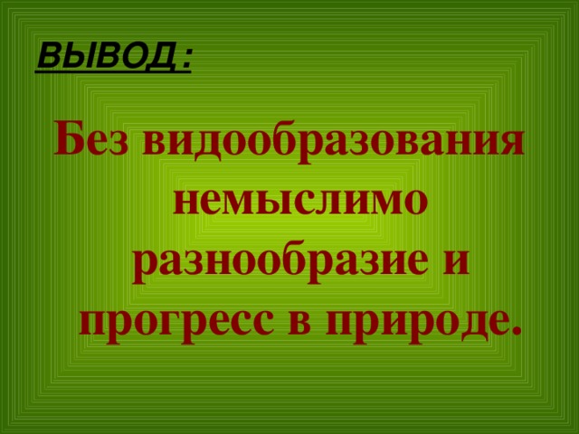 ВЫВОД: Без видообразования немыслимо разнообразие и прогресс в природе.