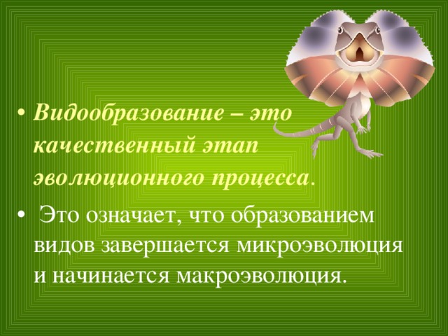 Видообразование – это качественный этап эволюционного процесса .  Это означает, что образованием видов завершается микроэволюция и начинается макроэволюция.