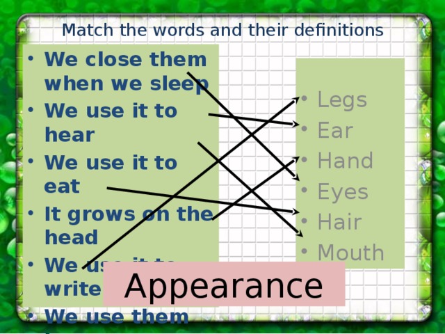 Match the words and their definitions We close them when we sleep We use it to hear We use it to eat It grows on the head We use it to write We use them to run Legs Ear Hand Eyes Hair Mouth Appearance