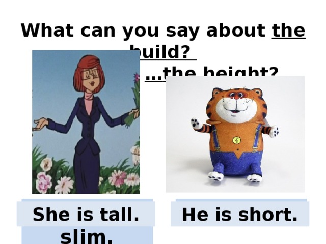 What can you say about the build?       … the height? She is slim. He is fat. She is tall. He is short.
