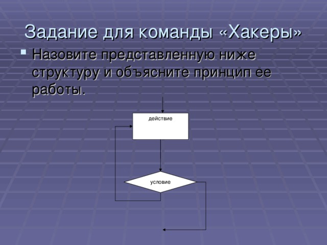 Задание для команды «Хакеры» Назовите представленную ниже структуру и объясните принцип ее работы. действие условие