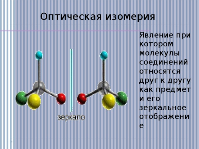 Оптическая изомерия Явление при котором молекулы соединений относятся друг к другу как предмет и его зеркальное отображение