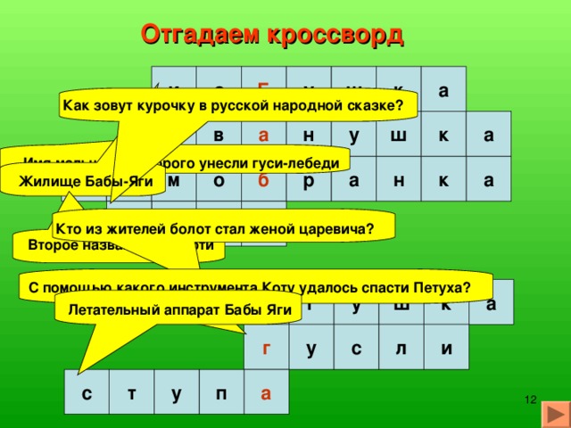 В избушке старая Баба-Яга прядет кудель. А на лавочке сидит братец, играет серебряными яблочками. Гуси-лебеди