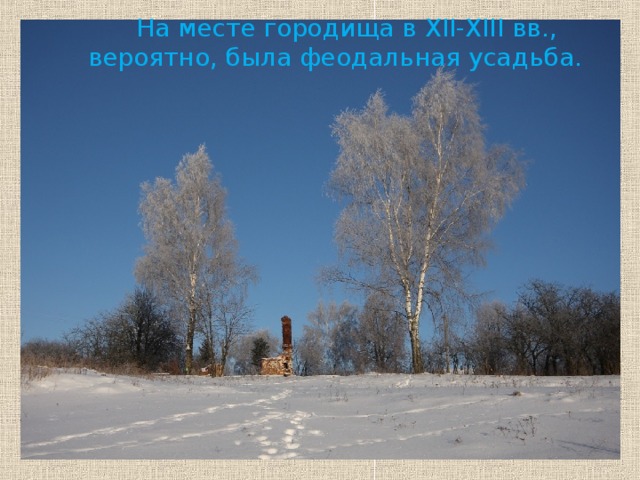 На месте городища в XII-XIII вв., вероятно, была феодальная усадьба.