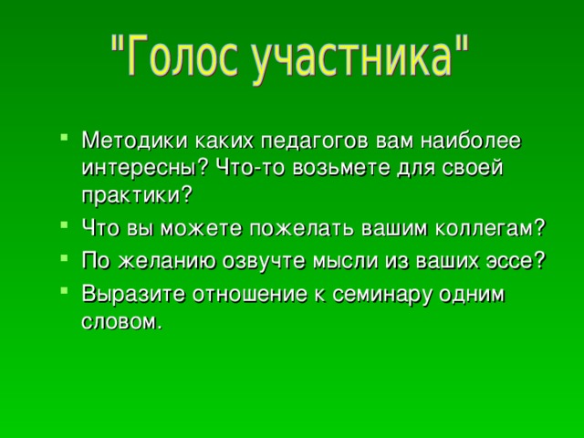 Методики каких педагогов вам наиболее интересны? Что-то возьмете для своей практики? Что вы можете пожелать вашим коллегам? По желанию озвучте мысли из ваших эссе? Выразите отношение к семинару одним словом.