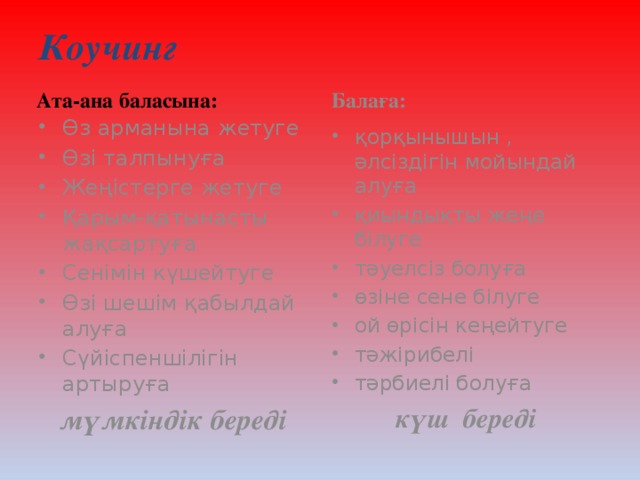 Коучинг Ата-ана баласына: Балаға: Өз арманына жетуге Өзі талпынуға Жеңістерге жетуге Қарым-қатынасты жақсартуға Сенімін күшейтуге Өзі шешім қабылдай алуға Сүйіспеншілігін артыруға қорқынышын , әлсіздігін мойындай алуға қиындықты жеңе білуге тәуелсіз болуға өзіне сене білуге ой өрісін кеңейтуге тәжірибелі тәрбиелі болуға мүмкіндік береді күш береді