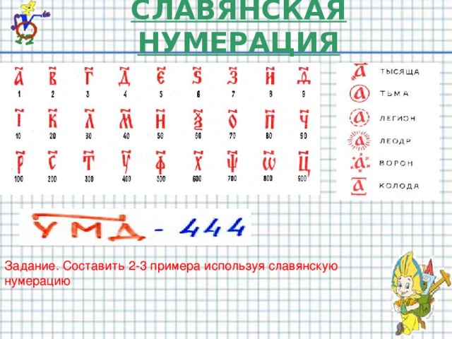 СЛАВЯНСКАЯ НУМЕРАЦИЯ Задание. Составить 2-3 примера используя славянскую нумерацию