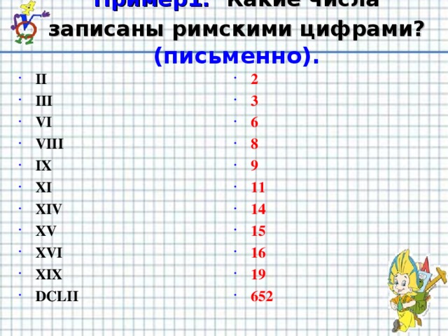 Пример1.  Какие числа записаны римскими цифрами?  (письменно).