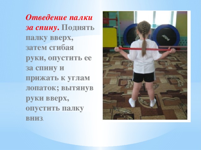 Отведение палки за спину . Поднять палку вверх, затем сгибая руки, опустить ее за спину и прижать к углам лопаток; вытянув руки вверх, опустить палку вниз .