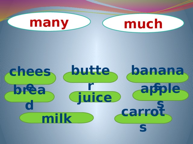 bananas many much  cheese butter apples bread juice milk carrots