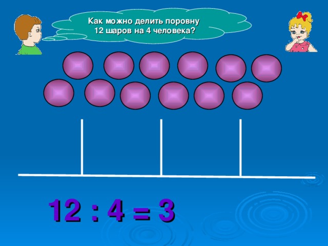 Как можно делить поровну 12 шаров на 4 человека? 12 : 4 = 3