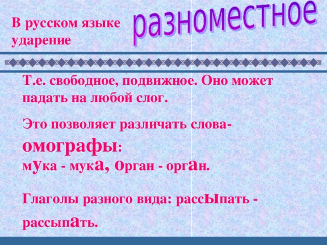 В русском языке ударение Т.е. свободное, подвижное. Оно может падать на любой слог. Это позволяет различать слова- омографы : м у ка - мук а, о рган - орг а н. Глаголы разного вида: расс ы пать - рассып а ть.