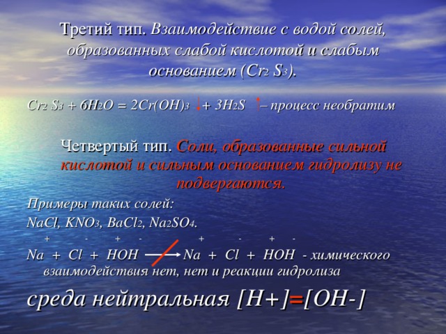 Третий тип. Взаимодействие с водой солей, образованных слабой кислотой и слабым основанием  (С r 2 S 3 ) . С r 2 S 3 + 6 H 2 O = 2Cr(OH) 3  + 3H 2 S  – процесс необратим  Четвертый тип. Соли, образованные сильной кислотой и сильным основанием гидролизу не подвергаются. Примеры таких солей: NaCl, KNO 3 , BaCl 2 , Na 2 SO 4 .  + - + - + - + - Na + Cl + HOH  Na + Cl + HOH - химического взаимодействия нет, нет и реакции гидролиза среда нейтральная [H+] = [OH-]