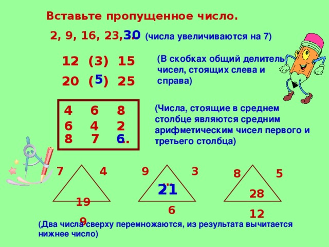Вставьте пропущенное число.  2, 9, 16, 23, …  30 (числа увеличиваются на 7) (В скобках общий делитель чисел, стоящих слева и справа) 12 (3) 15 20 ( ) 25  5  6 8 (Числа, стоящие в среднем столбце являются средним арифметическим чисел первого и третьего столбца)  4 2 8 7 …  6  9 3  4 …    6   19  9  8 5  28  12 21 (Два числа сверху перемножаются, из результата вычитается нижнее число)