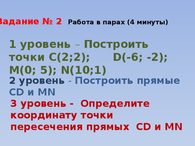 Задание № 2 Работа в парах (4 минуты) 1 уровень – Построить точки С(2;2); D(-6; -2); М(0; 5); N(10;1) 2 уровень - Построить прямые СD и МN 3 уровень - Определите координату точки пересечения прямых СD и МN